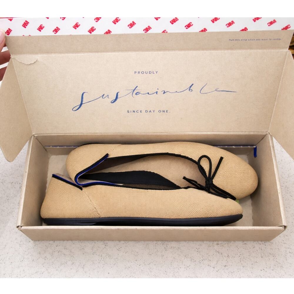 Rothy's The Ballet‎ Flat Beige Colorway & Black Bow Size 10.5